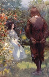 Sie hob ihre Augen und sah mich an, während sie in einem Schauer von Damastrosen stand